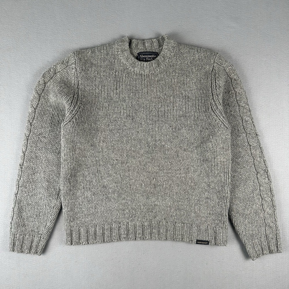 Vtg 90s Abercrombie & Fitch Sweater Men's XL Gray Cable Knit Wool Chunky Crew